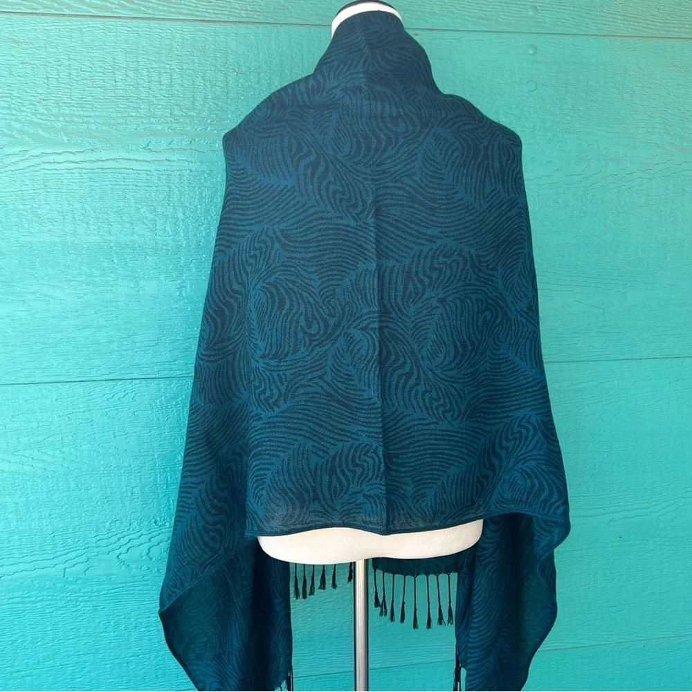 100% CASHMERE DARK TEAL BLUE AND BLACK ZEBRA PRINT LARGE FRINGE SCARF BELT WRAP